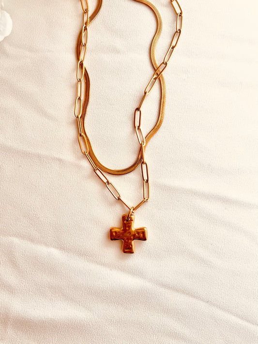 Layered Cross Necklace Set, Herringbone Necklace, Waterproof Gold Layering Necklace