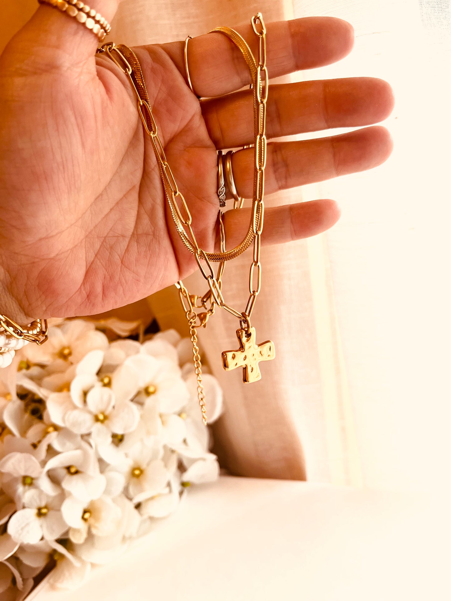 Layered Cross Necklace Set, Herringbone Necklace, Waterproof Gold Layering Necklace