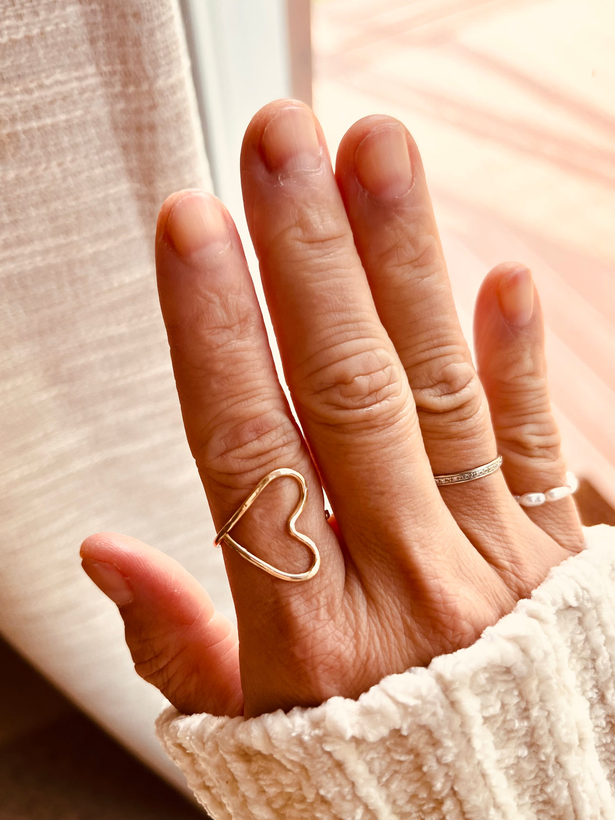 Dainty adjustable gold heart ring handmade by Coco Wagner Design
Rustics Style Ring