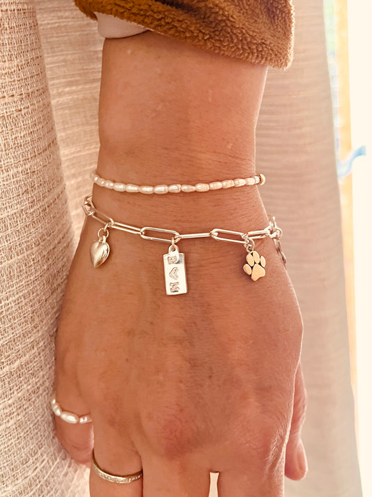 Sterling silver personalized paperclip charm bracelet with custom initial tag heart cross and charms