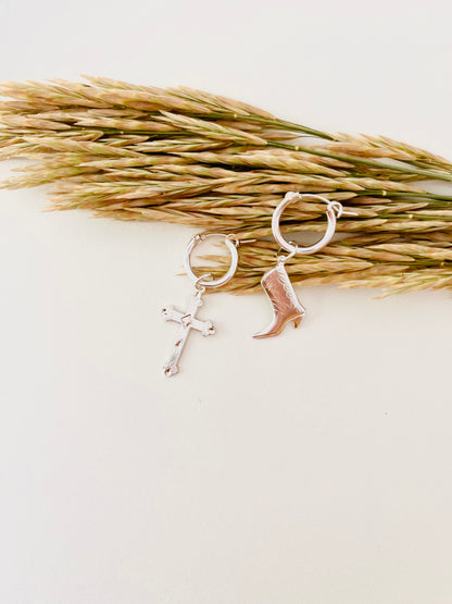 The Cowgirl Collection, Cowgirl Boot, Cowboy Hat, Cowgirl Country Western Charm, Cross, Western Charm, Rodeo Cowgirl Jewelry, Hoop Charm, cross earrings, cowgirl cross and boot earrings