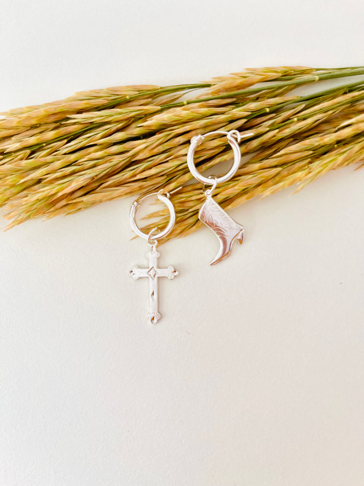 The Cowgirl Collection, Cowgirl Boot, Cowboy Hat, Cowgirl Country Western Charm, Cross, Western Charm, Rodeo Cowgirl Jewelry, Hoop Charm, cross earrings, cowgirl cross and boot earrings