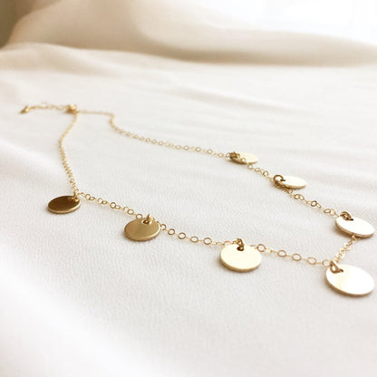 Coin Necklace, Disc Necklace, Five Coin Necklace, Delicate Gold Necklace, Celebrity Inspired Necklace, Valentine&