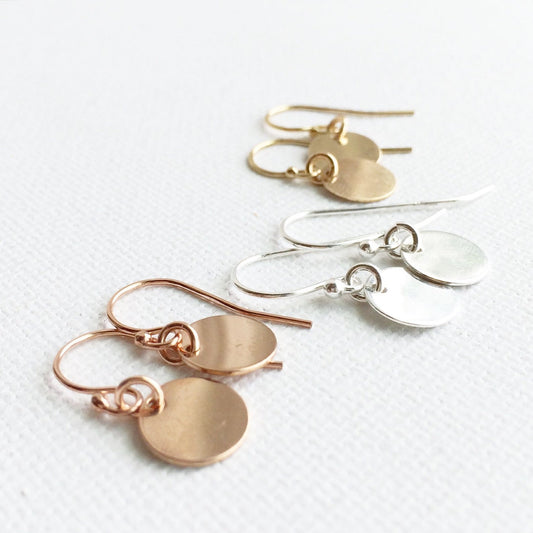 Dainty Disc Earrings, disc earrings, circle earrings, drop earrings, disc drop drop earrings, everyday earrings, holiday gifts, gift for her, birthday present, birthday gift, valentines present, mother day gifts, gift for mother, gift for wife, dainty jewelry 