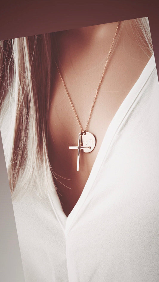 Disc and Cross Necklace, Faith Jewelry, Cross Necklace, Medium Disc Necklace, Religious Necklace, Mothers Gift Ideas, Personalized Gifts, 14k gold filled jewelry, cross, Gift for her, personalized jewelry, Christmas present, gift, holidays gift, gifts for Mother 