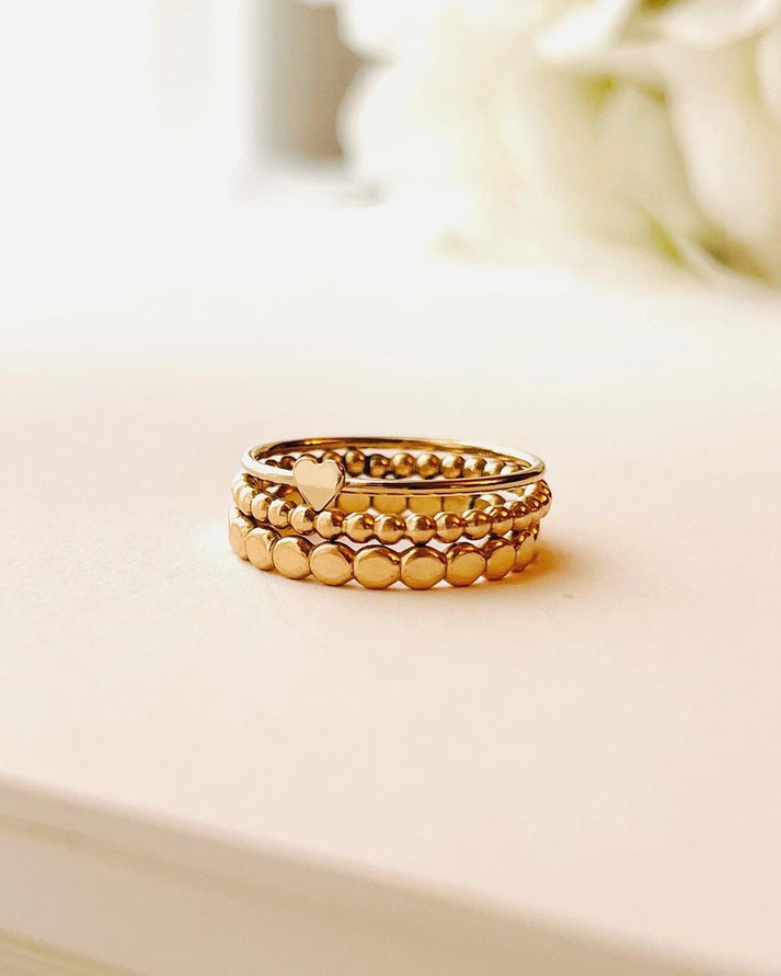 Tiny Heart Ring Set, Stacking Ring Set, Set Of 3, 14K Gold Filled Stackable Rings, Beaded Ring, Hammered Band, Ready-To-Ship