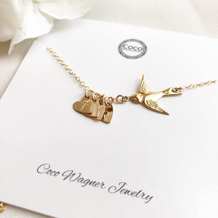 Bird Initial Necklace, Mama Bird Necklace,  Monogram and Name, Simple and Dainty