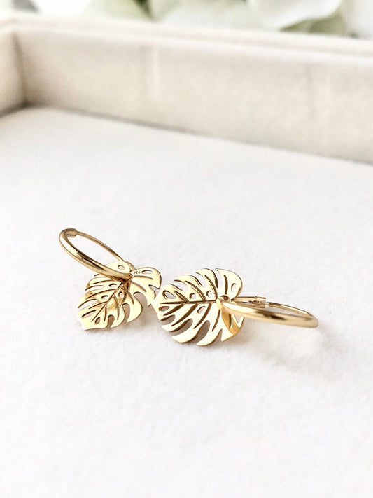 Monstera Leaf Earrings, Tropics Earrings, Gold Hoop Earrings, Gold Dangle Earrings, Monstera Lover, Plant Earrings, Summer Boho Earrings