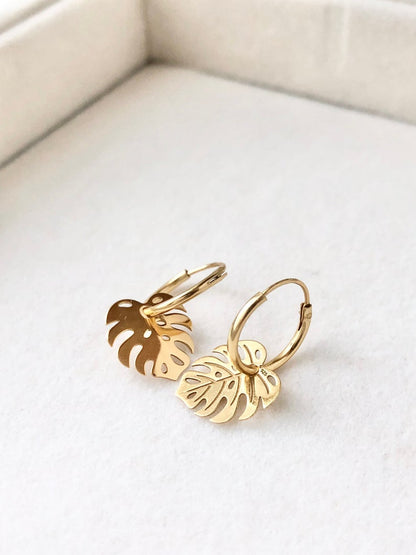 Monstera Leaf Earrings, Tropics Earrings, Gold Hoop Earrings, Gold Dangle Earrings, Monstera Lover, Plant Earrings, Summer Boho Earrings