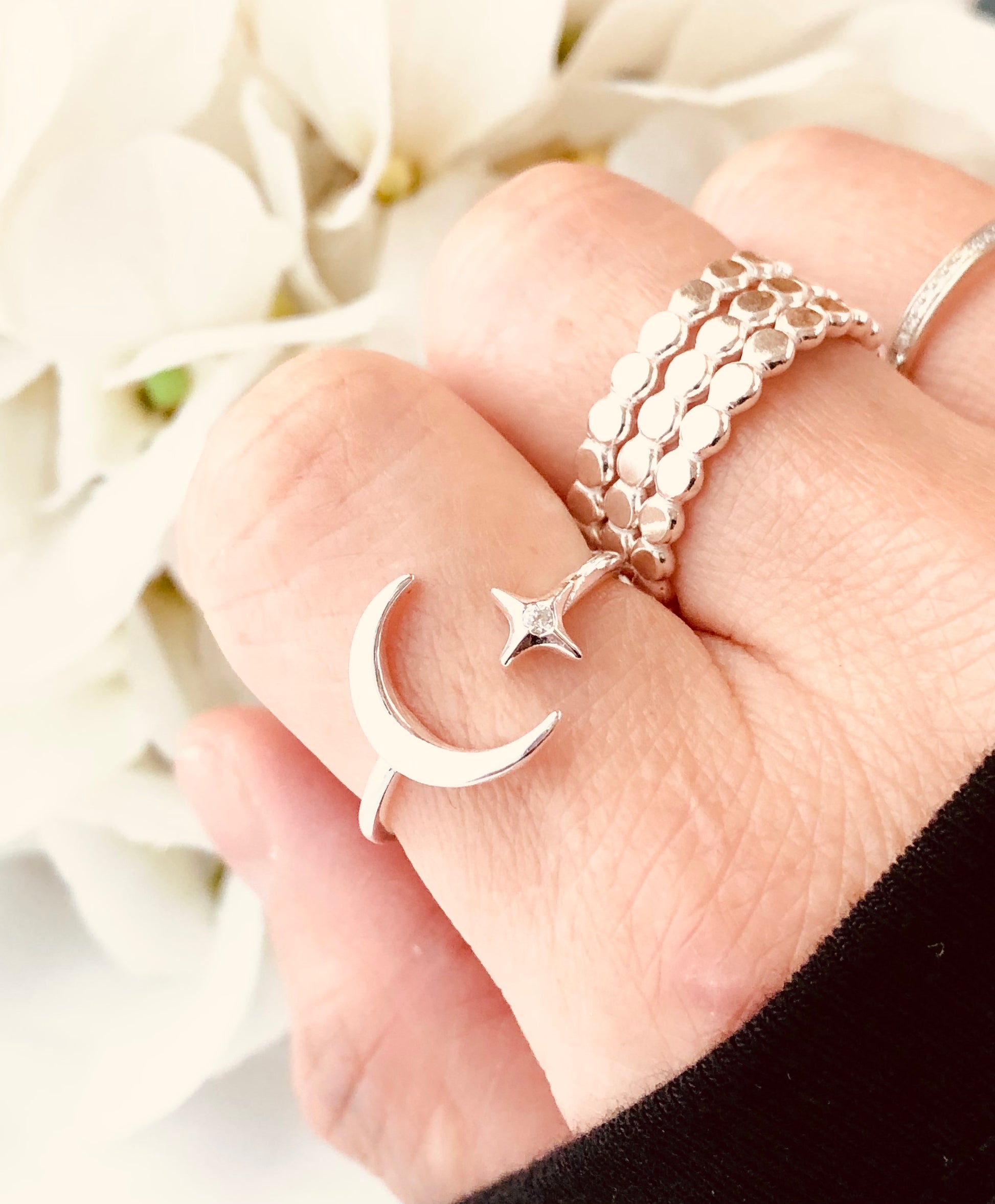 Moon And Star Ring, Celestial Ring, Moon and North Star, Sterling Silver Ring, Crescent Moon Ring, Holiday Gift, Adjustable Moon Ring