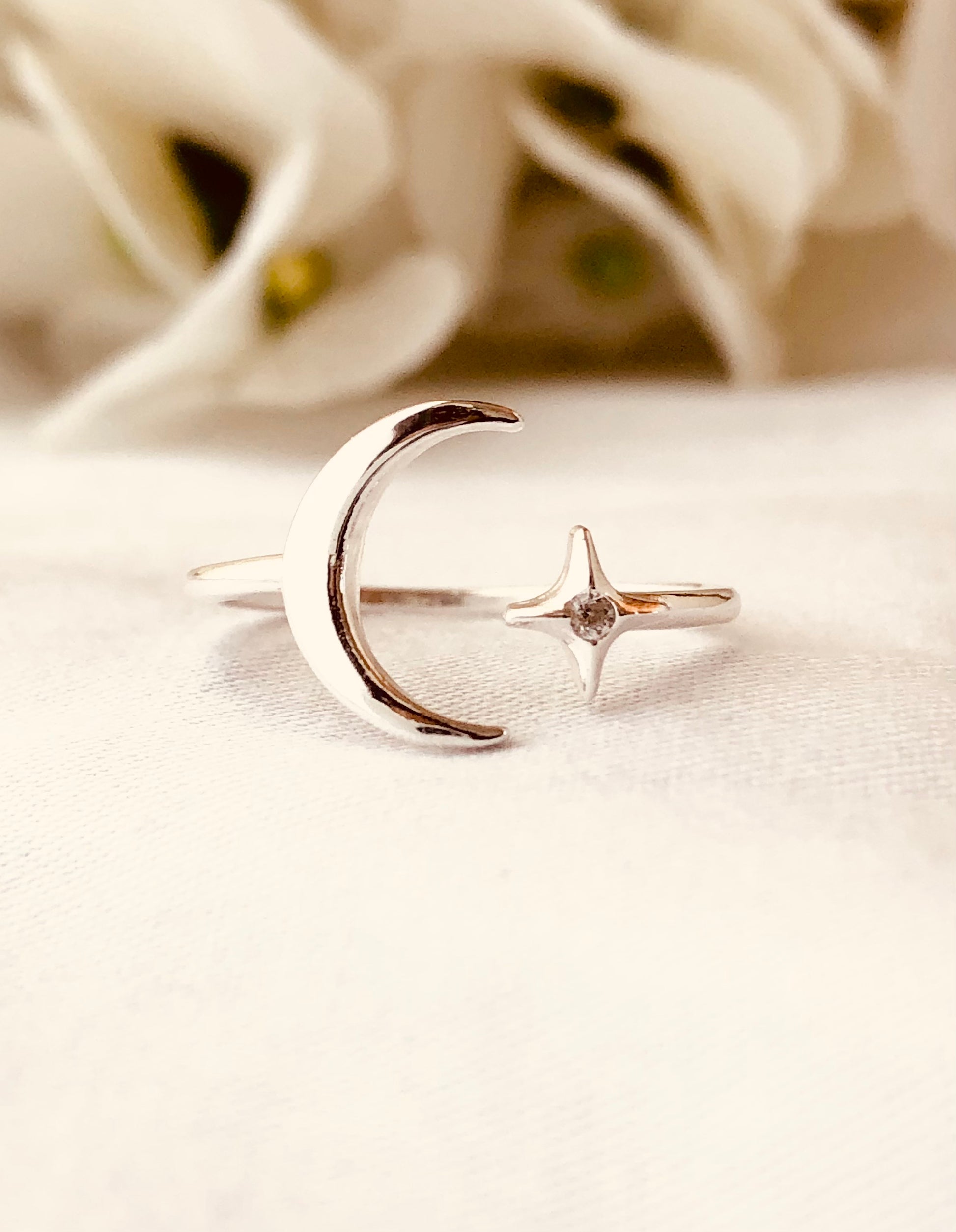 Moon And Star Ring, Celestial Ring, Moon and North Star, Sterling Silver Ring, Crescent Moon Ring, Holiday Gift, Adjustable Moon Ring