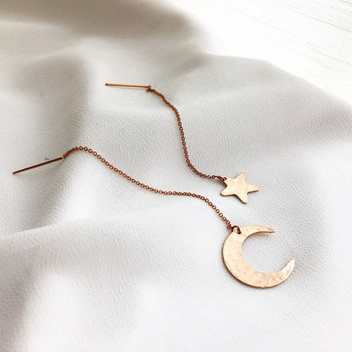 Moon and Star Ear Threader, Ear Thread, Dangling Star and Moon Earrings, In Gold, Silver & Rose Gold, Star and Moon Earrings, Mothers Day Gift, Gift For her 