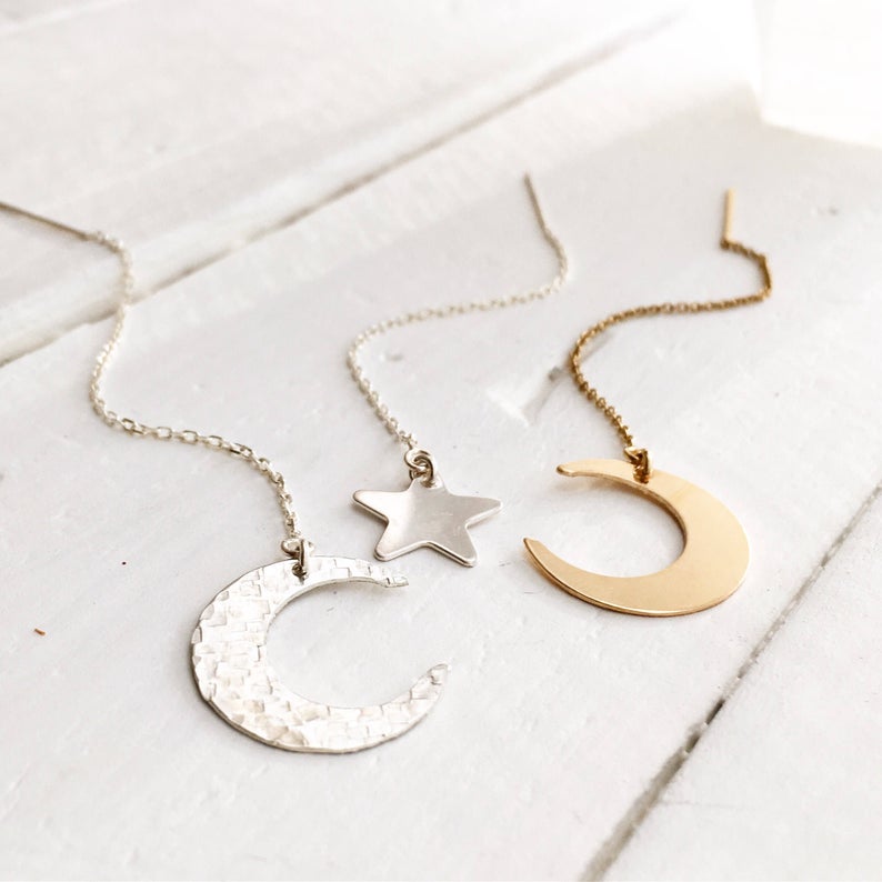 Moon and Star Ear Threader, Ear Thread, Dangling Star and Moon Earrings, In Gold, Silver &amp; Rose Gold, Star and Moon Earrings, Mothers Day Gift, Gift For her