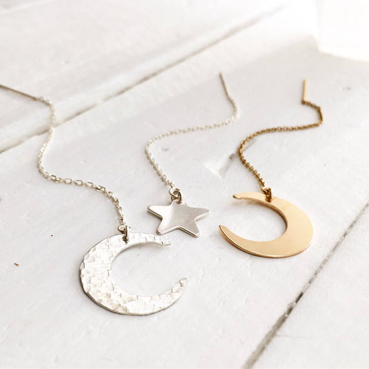 Moon and Star Ear Threader, Ear Thread, Dangling Star and Moon Earrings, In Gold, Silver & Rose Gold, Star and Moon Earrings, Mothers Day Gift, Gift For her