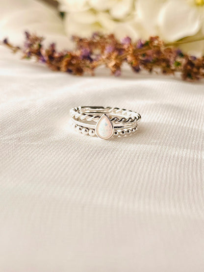 Stacking Ring Set, 3 Piece Dainty Sterling Silver Ring Set, Dots Ring, Rope Ring and Opal Pear Ring, Minimalist Ring Set, Jewelry Gift Set