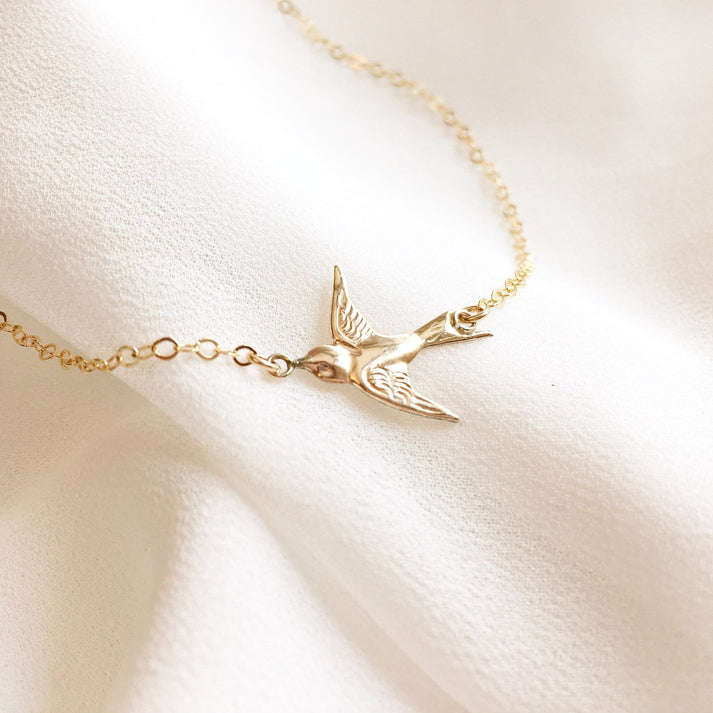 Mother’s Gift, 14k Gold Filled Swallow Bird Necklace, Bird Necklace, Sideways Bird Necklace, Sparrow Bird Necklace, Graduation Gift