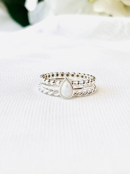 Valentines Day, Stacking Ring Set, 3 Piece Dainty Sterling Silver Ring Set, Dots Ring, Rope Ring and Opal Pear Ring, Minimalist Ring Set, Jewelry Gift Set