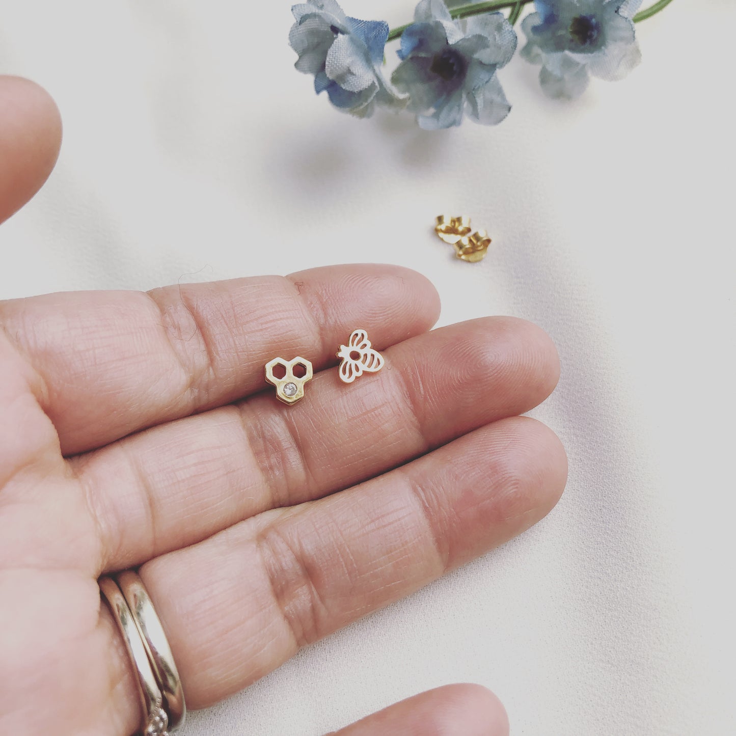 Bee Stud Earrings, Bee and Honeycomb Earrings, Bee Earrings, Mismatched Studs, Bee Jewelry, Honeycomb Jewelry, Gift for Bee Lover, Mothers Gift, Gift For her