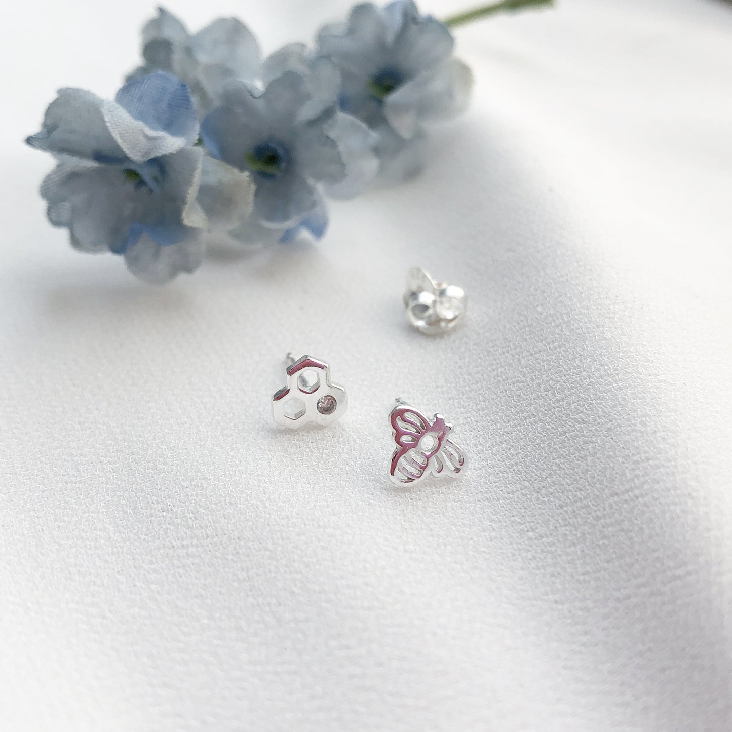 Bee Stud Earrings, Bee and Honeycomb Earrings, Bee Earrings, Mismatched Studs, Bee Jewelry, Honeycomb Jewelry, Gift for Bee Lover, Gift for her, 