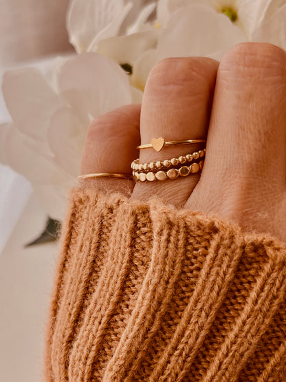 Tiny Heart Ring Set, Stacking Ring Set, Set Of 3, 14K Gold Filled Stackable Rings, Beaded Ring, Hammered Band, Ready-To-Ship