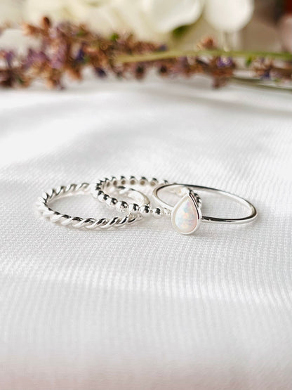 Stacking Ring Set, 3 Piece Dainty Sterling Silver Ring Set, Dots Ring, Rope Ring and Opal Pear Ring, Minimalist Ring Set, Jewelry Gift Set