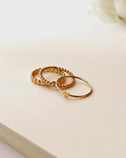 Tiny Heart Ring Set, Stacking Ring Set, Set Of 3, 14K Gold Filled Stackable Rings, Beaded Ring, Hammered Band, Ready-To-Ship