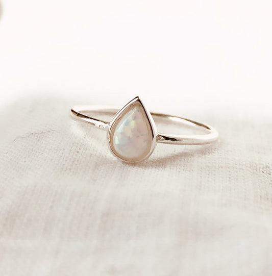Teardrop Ring, Fire Opal Ring, White Opal Ring, Dainty Ring, October Birthstone, Everyday Jewelry, Stacking Ring, Dainty Ring, Gift For Her, Gift For Mother , Sterling silver teardrop opal ring worn as a dainty stacking ring