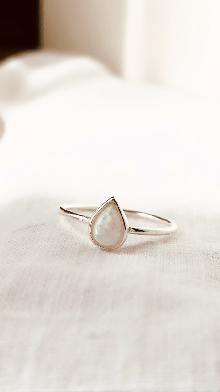 Teardrop Ring, Fire Opal Ring, White Opal Ring, Dainty Ring, October Birthstone, Everyday Jewelry, Stacking Ring, Dainty Ring, Gift For Her